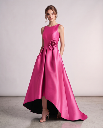 Elegant Satin Maxi Dress with High-Low Hem & Floral Applique for Formal Events 11