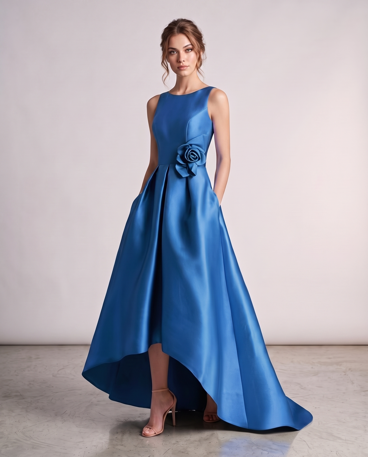 Elegant Satin Maxi Dress with High-Low Hem & Floral Applique for Formal Events 12