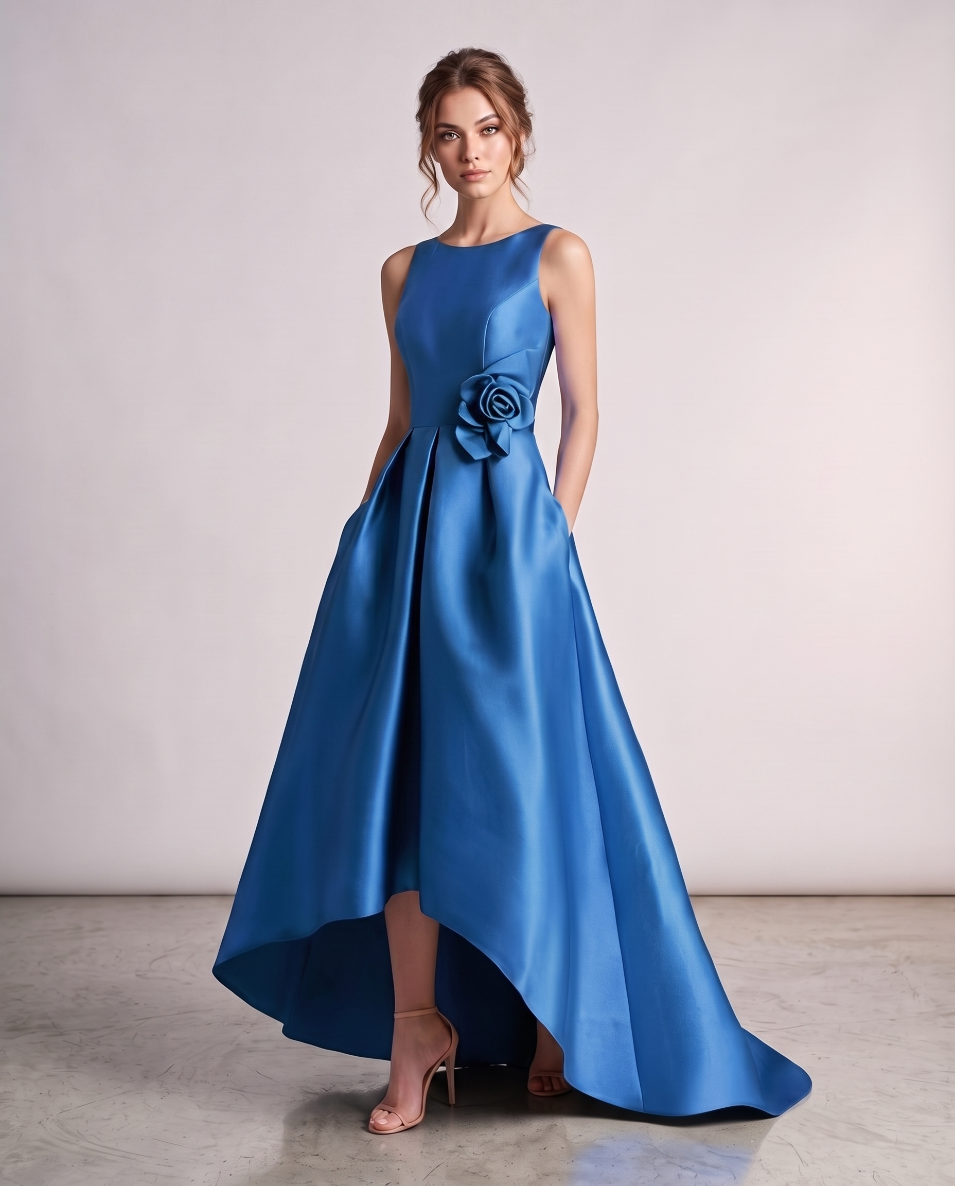 Elegant Satin Maxi Dress with High-Low Hem & Floral Applique for Formal Events 12