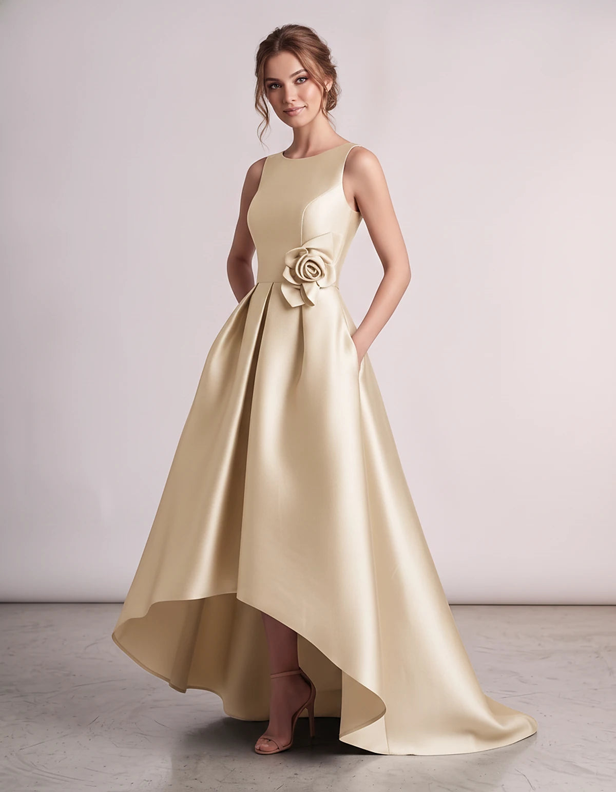 Elegant Satin Maxi Dress with High-Low Hem & Floral Applique for Formal Events 13