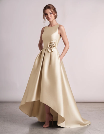 Elegant Satin Maxi Dress with High-Low Hem & Floral Applique for Formal Events 13