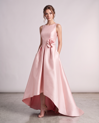Elegant Satin Maxi Dress with High-Low Hem & Floral Applique for Formal Events 14