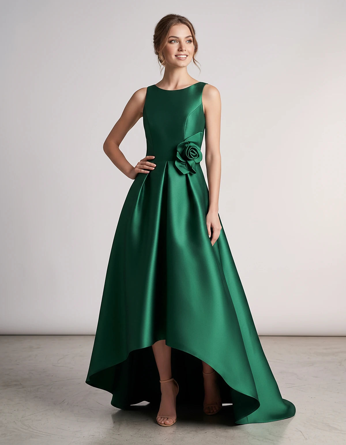 Elegant Satin Maxi Dress with High-Low Hem & Floral Applique for Formal Events 2