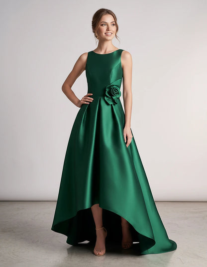 Elegant Satin Maxi Dress with High-Low Hem & Floral Applique for Formal Events 2