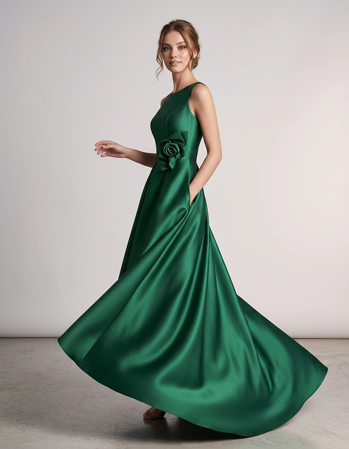 Elegant Satin Maxi Dress with High-Low Hem & Floral Applique for Formal Events 3