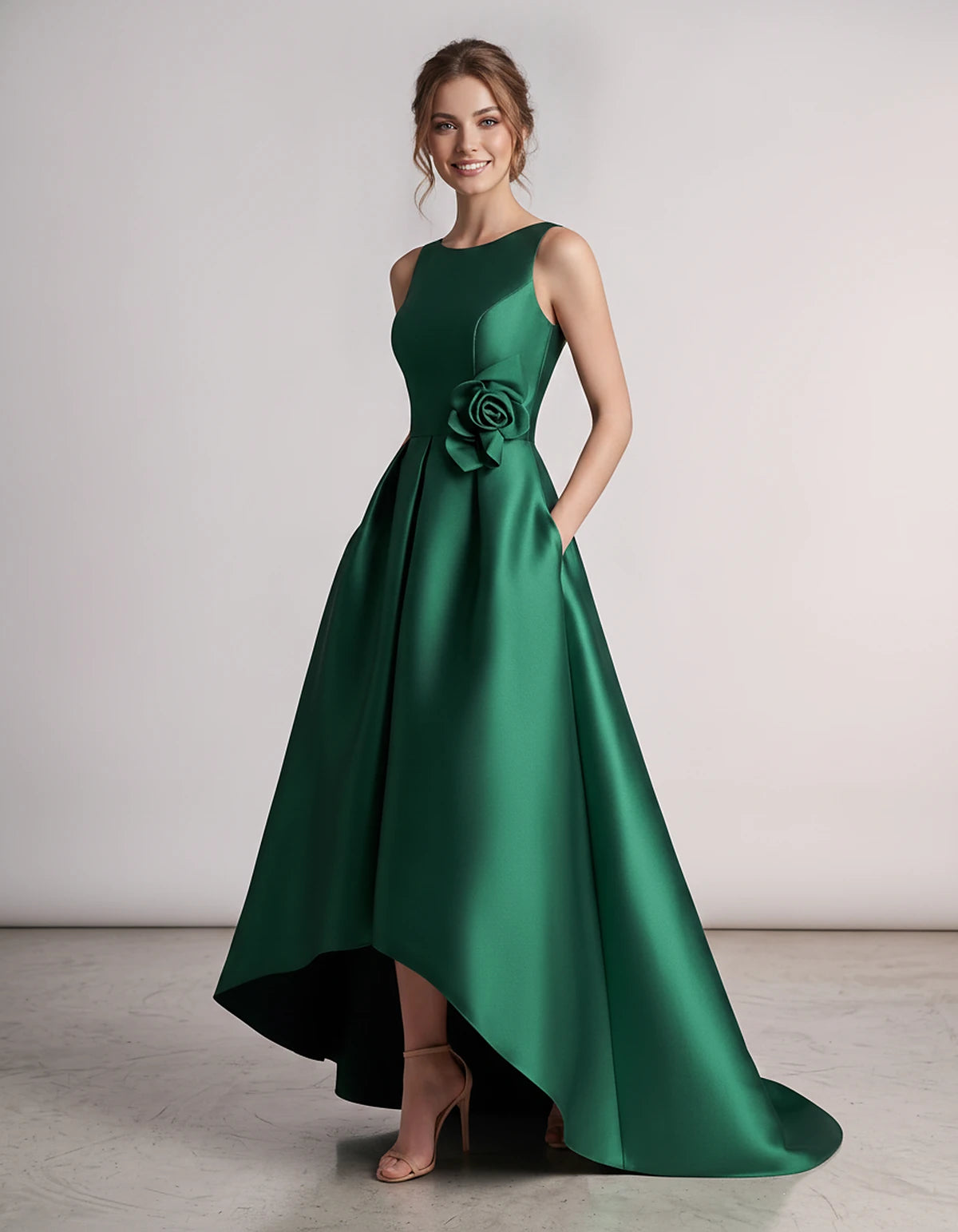 Elegant Satin Maxi Dress with High-Low Hem & Floral Applique for Formal Events 4