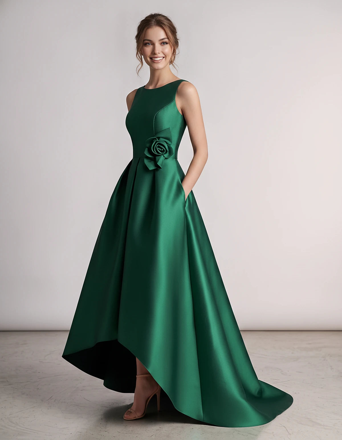 Elegant Satin Maxi Dress with High-Low Hem & Floral Applique for Formal Events 5