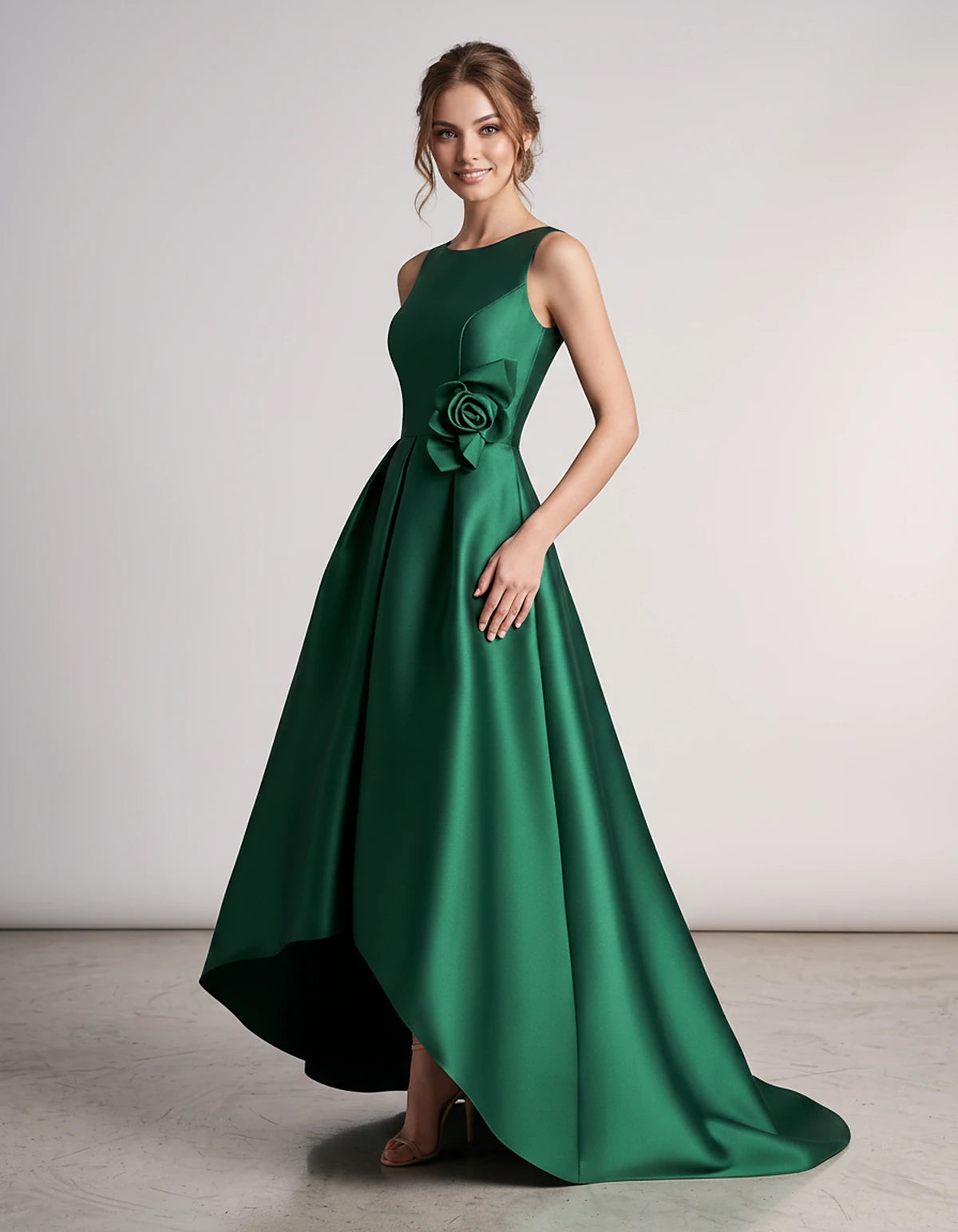 Elegant Satin Maxi Dress with High-Low Hem & Floral Applique for Formal Events 6
