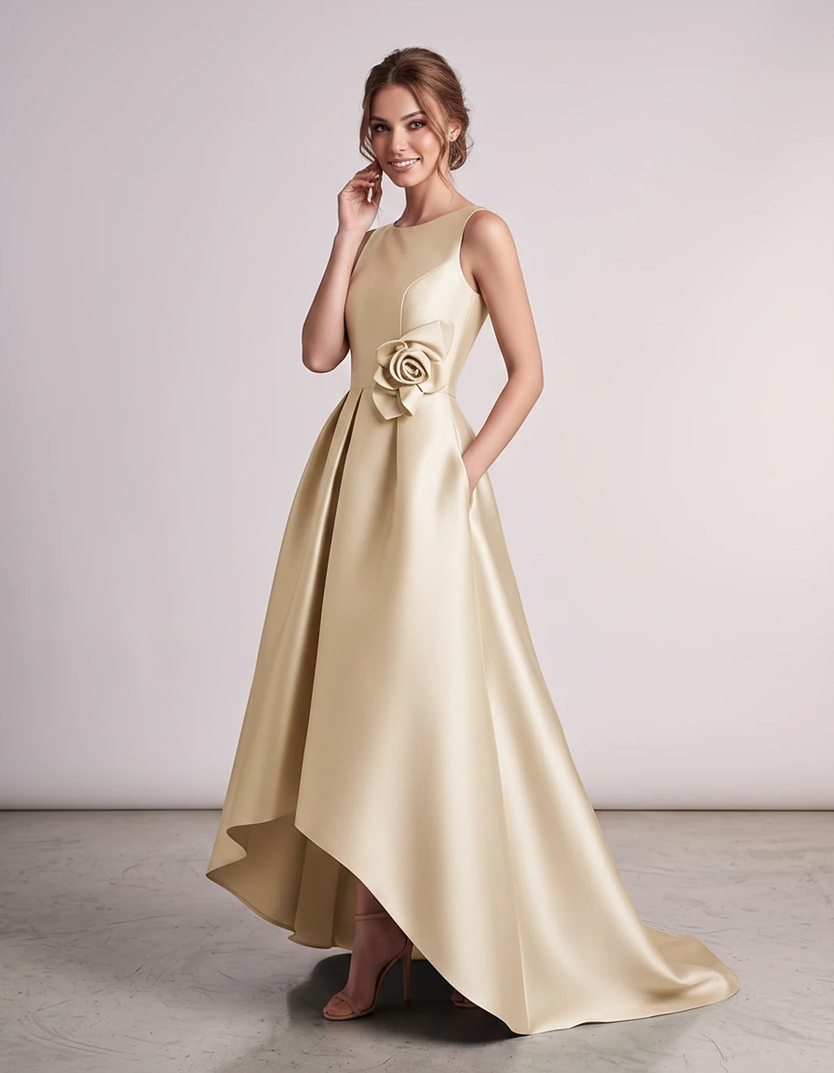 Elegant Satin Maxi Dress with High-Low Hem & Floral Applique for Formal Events 7