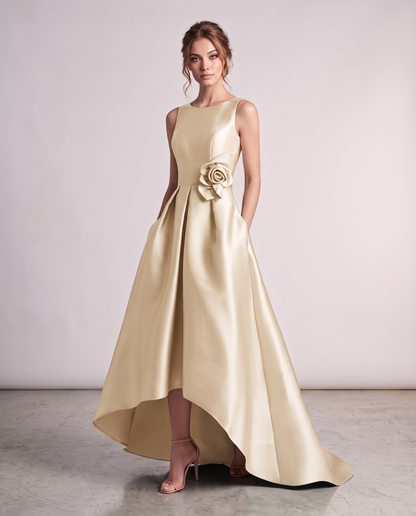Elegant Satin Maxi Dress with High-Low Hem & Floral Applique for Formal Events 8