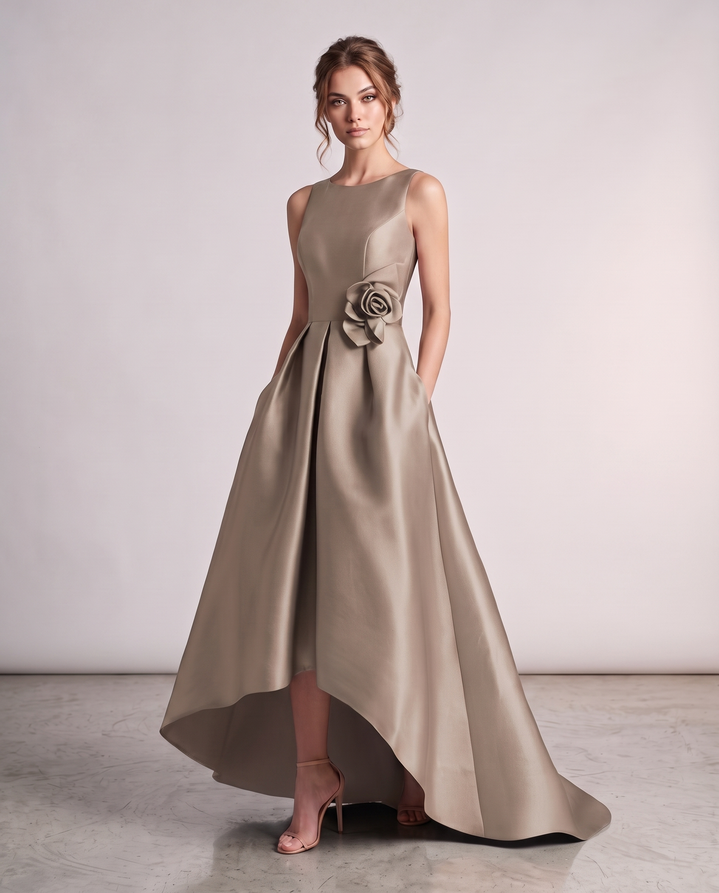 Elegant Satin Maxi Dress with High-Low Hem & Floral Applique for Formal Events 9