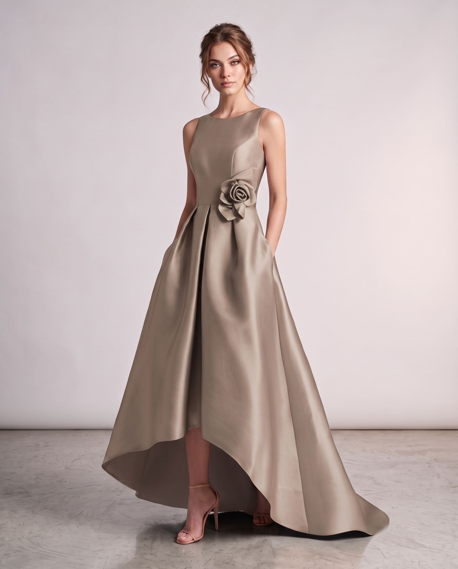 Elegant Satin Maxi Dress with High-Low Hem & Floral Applique for Formal Events 9