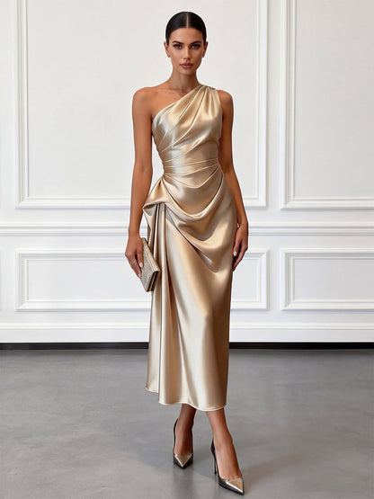 Elegant Satin Midi Dress with One-Shoulder Design | Flattering Fit for Formal Events 0