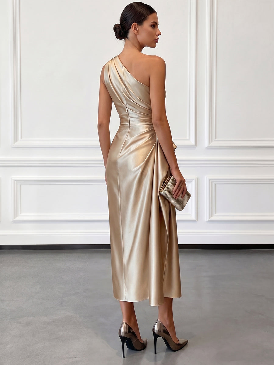 Elegant Satin Midi Dress with One-Shoulder Design | Flattering Fit for Formal Events 1