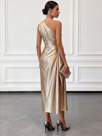 Elegant Satin Midi Dress with One-Shoulder Design | Flattering Fit for Formal Events 1
