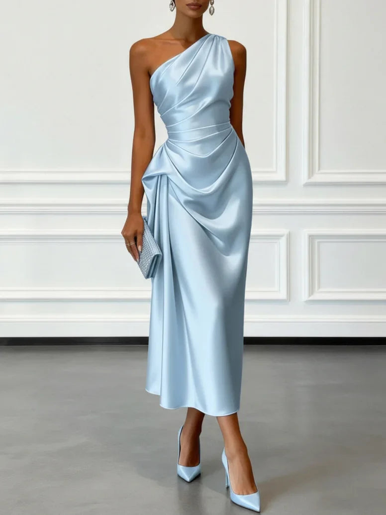 Elegant Satin Midi Dress with One-Shoulder Design | Flattering Fit for Formal Events 2