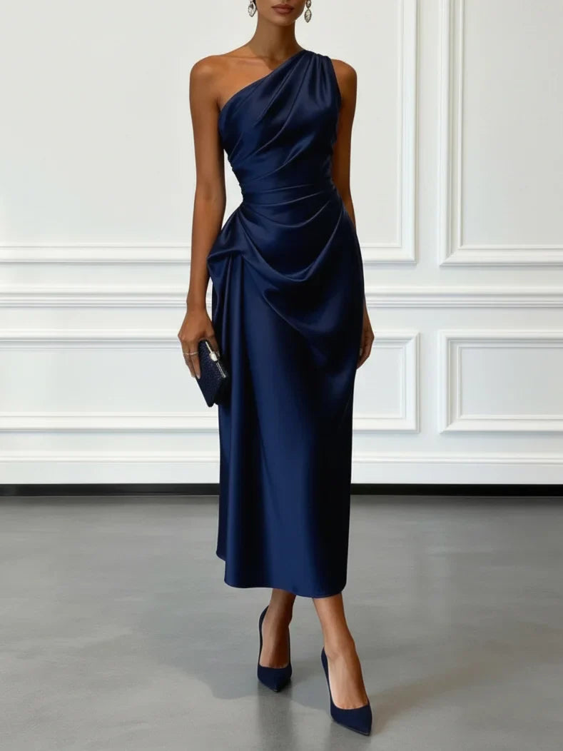 Elegant Satin Midi Dress with One-Shoulder Design | Flattering Fit for Formal Events 4