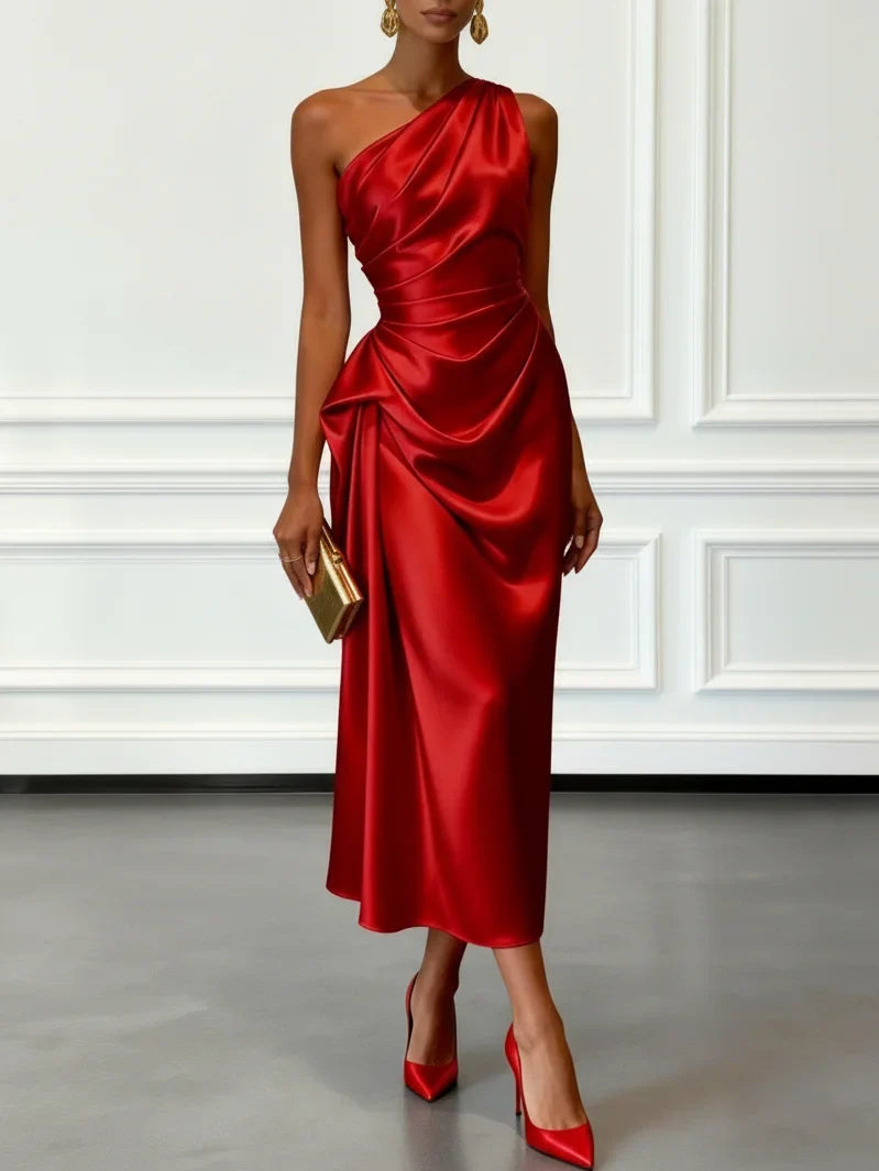 Elegant Satin Midi Dress with One-Shoulder Design | Flattering Fit for Formal Events 5