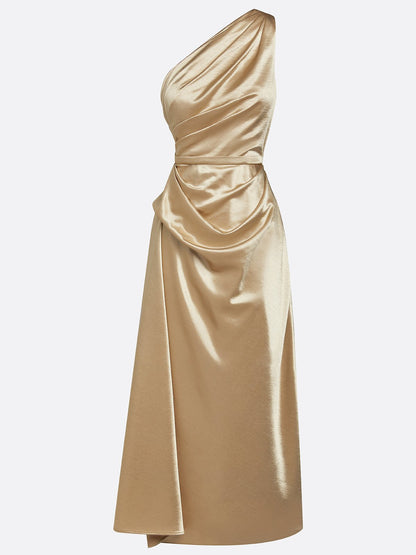 Elegant Satin Midi Dress with One-Shoulder Design | Flattering Fit for Formal Events 7
