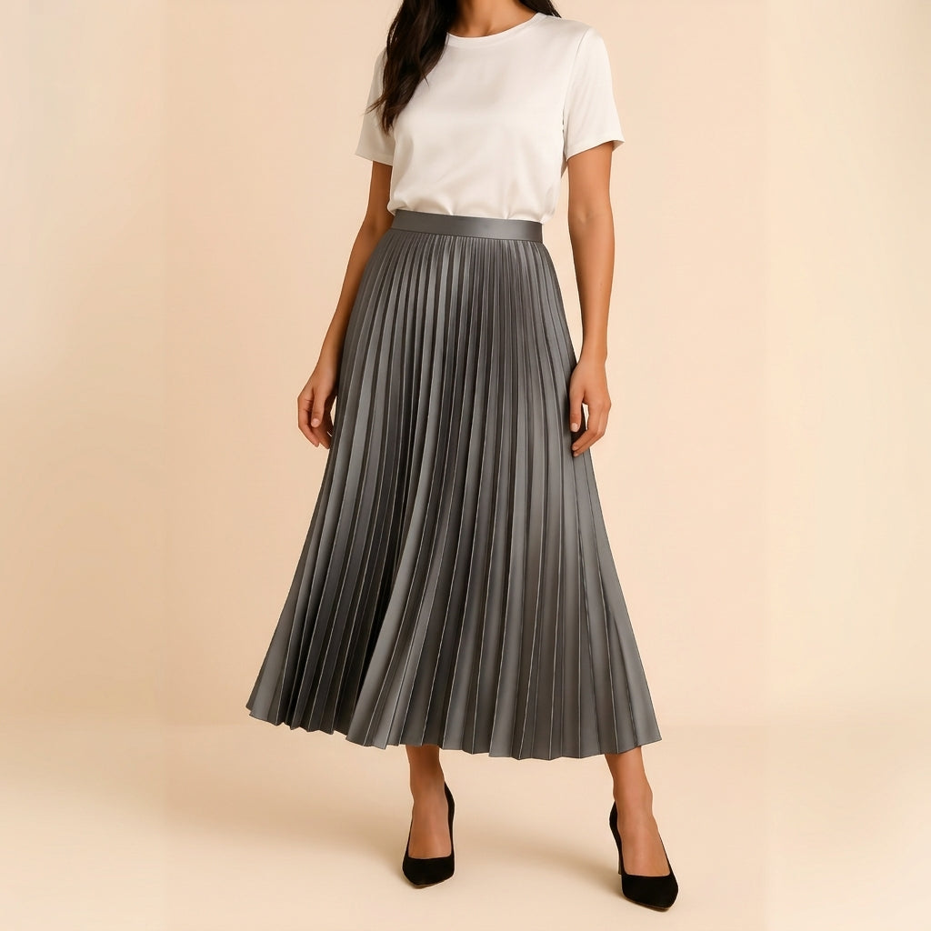 Elegant Satin Midi Skirt | Pleated Design for Effortless Sophistication 2