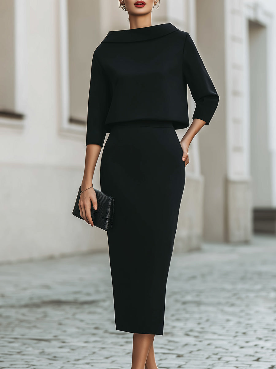 Elegant Two-Piece Set | Women's Outfit with Boat Neckline & Midi Skirt | Versatile Clothing for Any Occasion 0