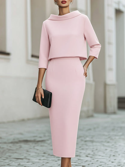 Elegant Two-Piece Set | Women's Outfit with Boat Neckline & Midi Skirt | Versatile Clothing for Any Occasion 3