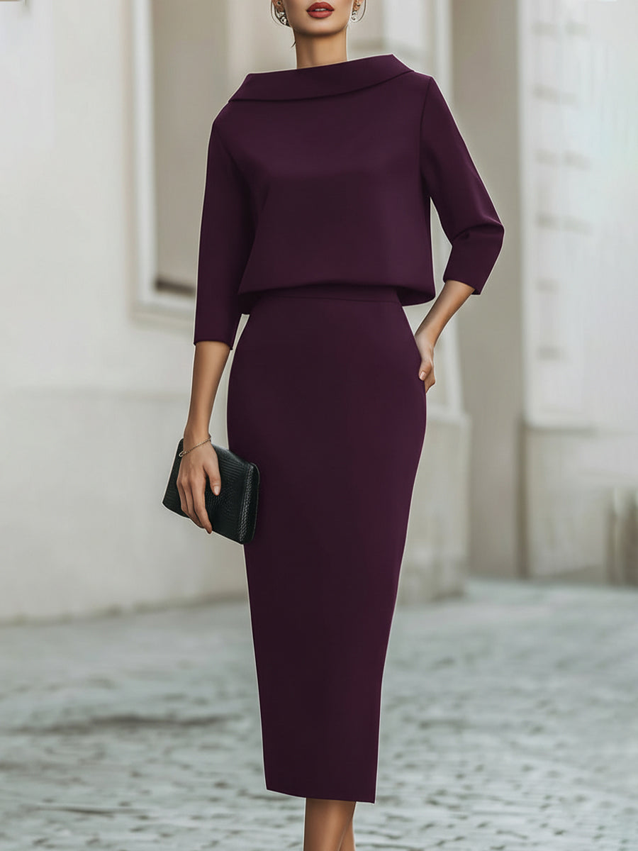 Elegant Two-Piece Set | Women's Outfit with Boat Neckline & Midi Skirt | Versatile Clothing for Any Occasion 5