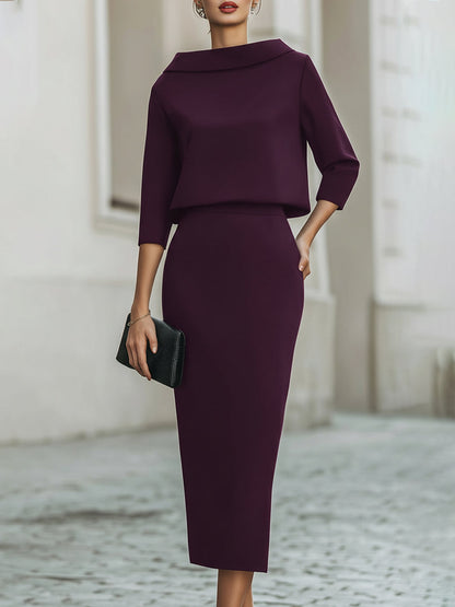Elegant Two-Piece Set | Women's Outfit with Boat Neckline & Midi Skirt | Versatile Clothing for Any Occasion 5