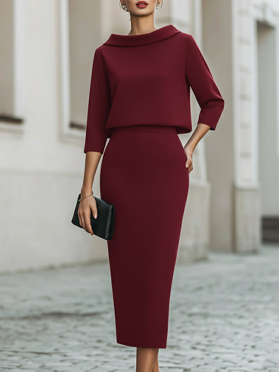 Elegant Two-Piece Set | Women's Outfit with Boat Neckline & Midi Skirt | Versatile Clothing for Any Occasion 7