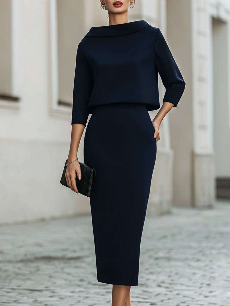 Elegant Two-Piece Set | Women's Outfit with Boat Neckline & Midi Skirt | Versatile Clothing for Any Occasion 8