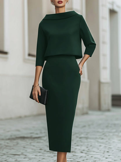 Elegant Two-Piece Set | Women's Outfit with Boat Neckline & Midi Skirt | Versatile Clothing for Any Occasion 9