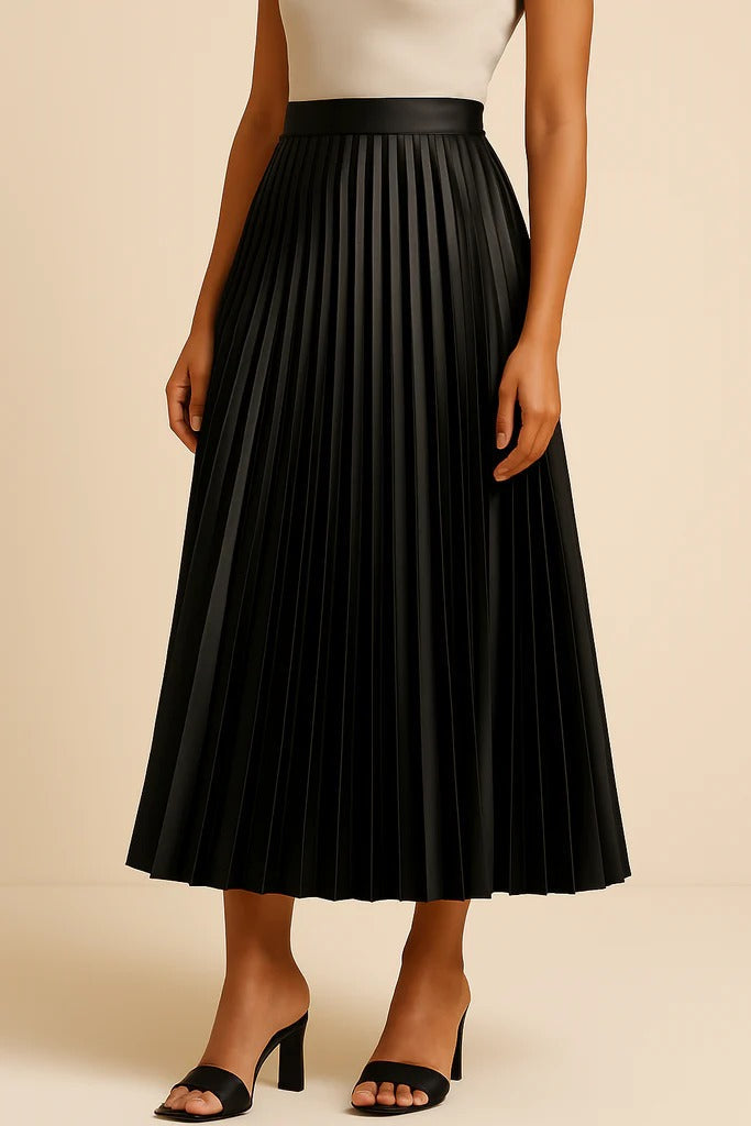 Luna's Graceful Echo | Pleated Midi Skirt with High-Waist Design | Elegant Drape for Effortless Style 0