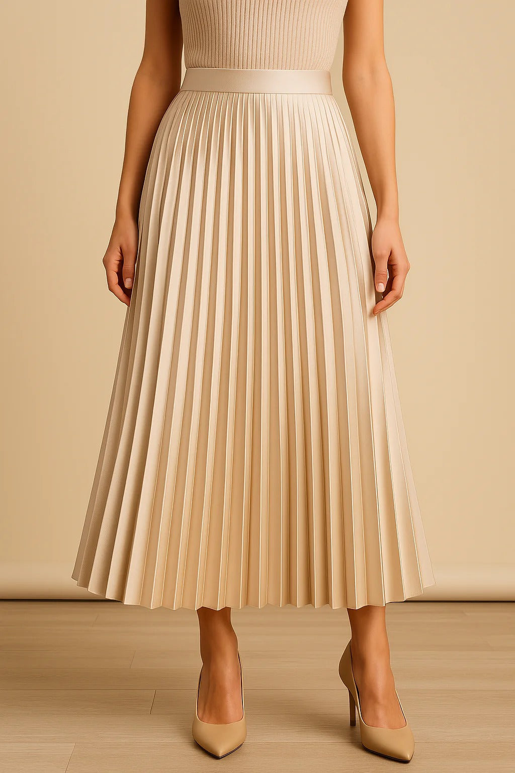 Luna's Graceful Echo | Pleated Midi Skirt with High-Waist Design | Elegant Drape for Effortless Style 3