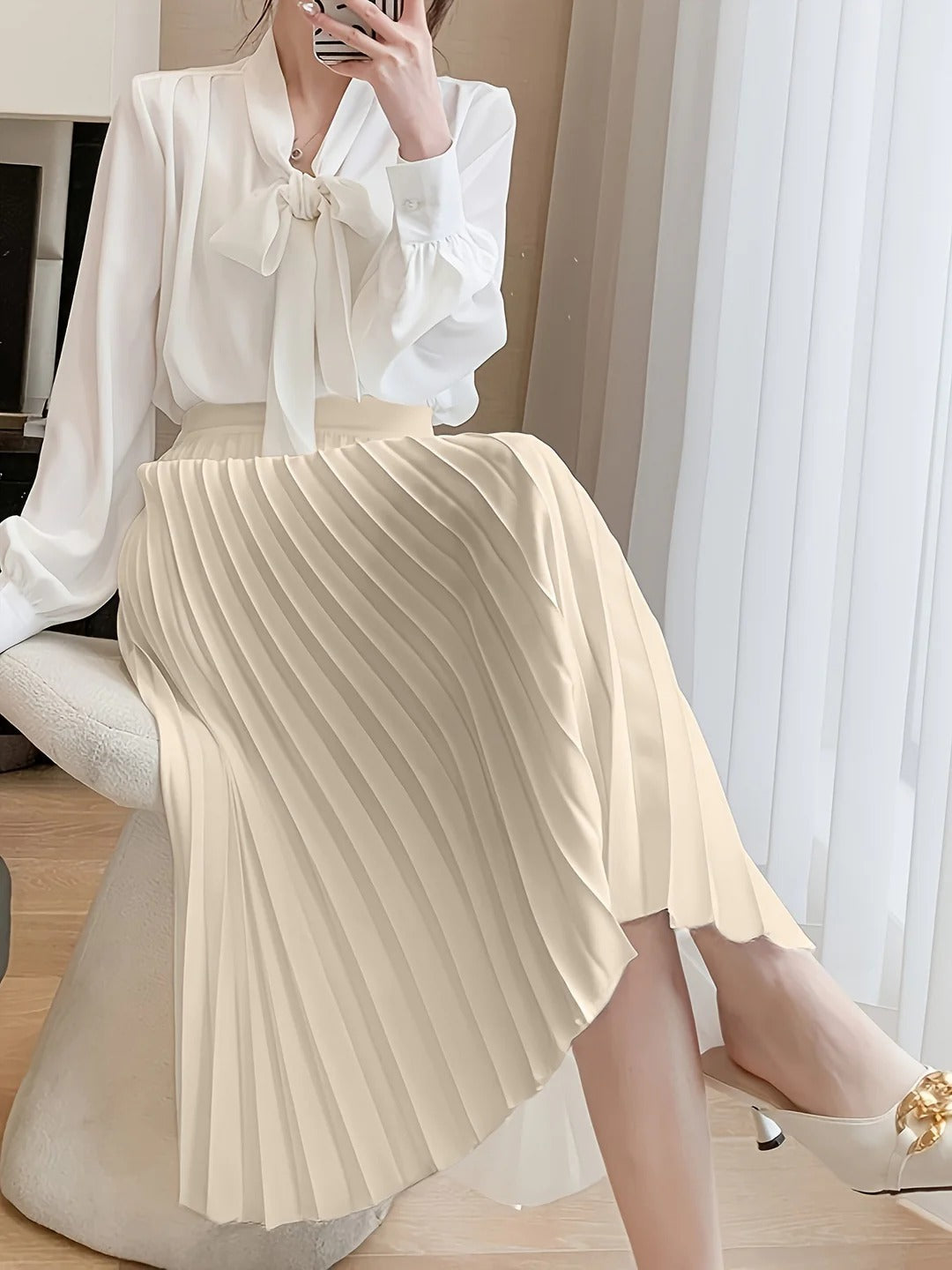 Luna's Graceful Echo | Pleated Midi Skirt with High-Waist Design | Elegant Drape for Effortless Style 4