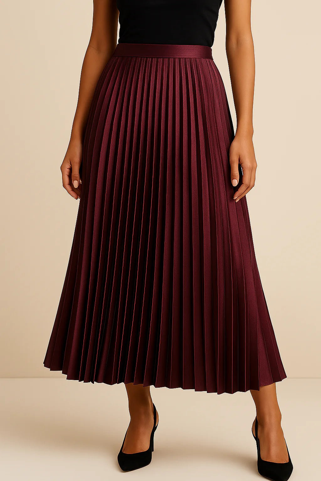 Luna's Graceful Echo | Pleated Midi Skirt with High-Waist Design | Elegant Drape for Effortless Style 5
