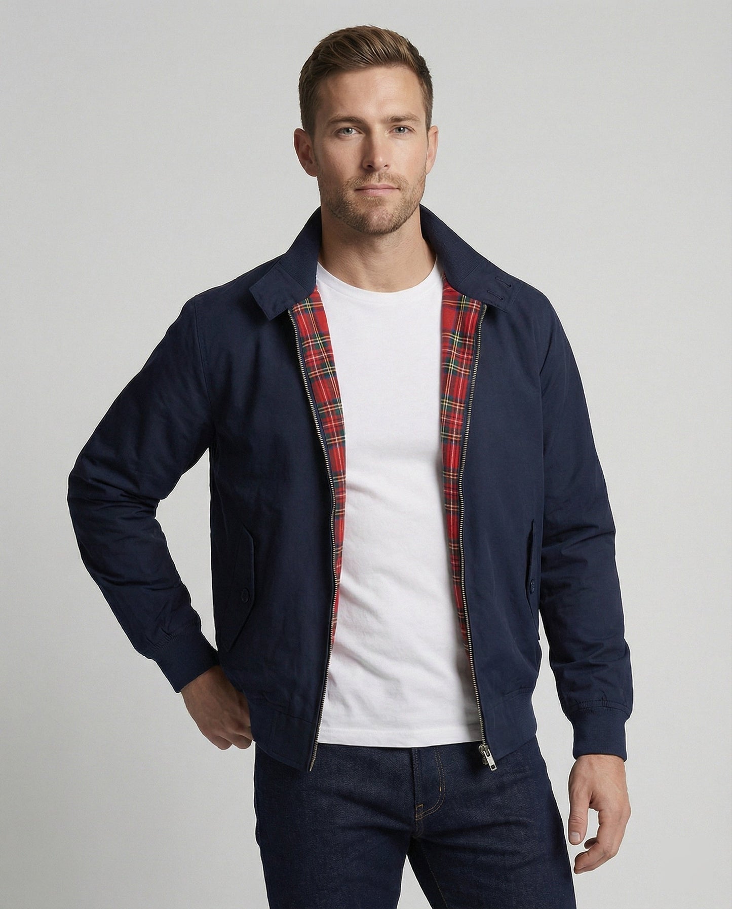 Stylish Harrington Jacket for Men with Tartan Lining | Relaxed Fit and Multiple Pockets for Versatile Layering 0