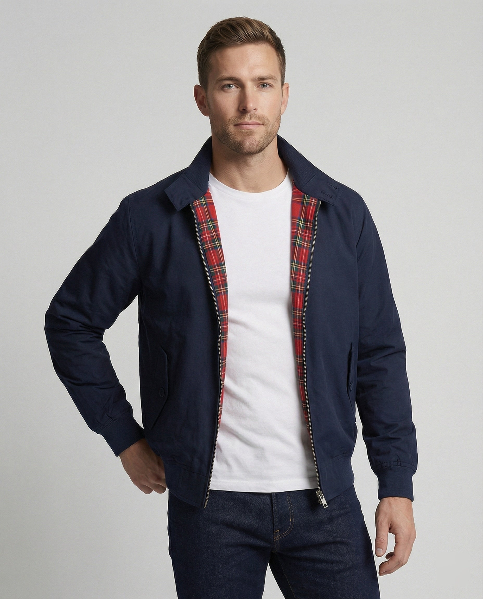 Stylish Harrington Jacket for Men with Tartan Lining | Relaxed Fit and Multiple Pockets for Versatile Layering 0