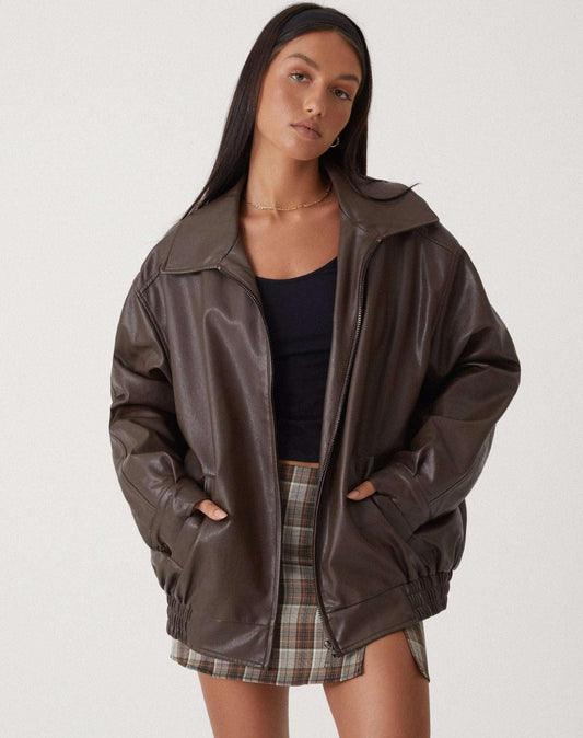 Trendig | Women's Leather Jacket with Oversized Fit & Wide Collar | Stylish Outerwear for Autumn/Winter 0