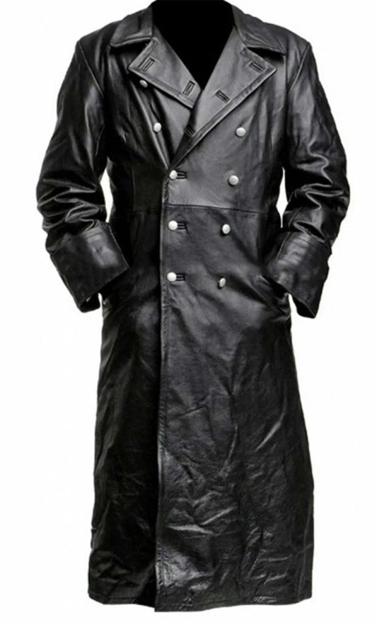 Urban Elegance | Black Leather Trench Coat with Double-Breasted Design | Timeless Style for Men