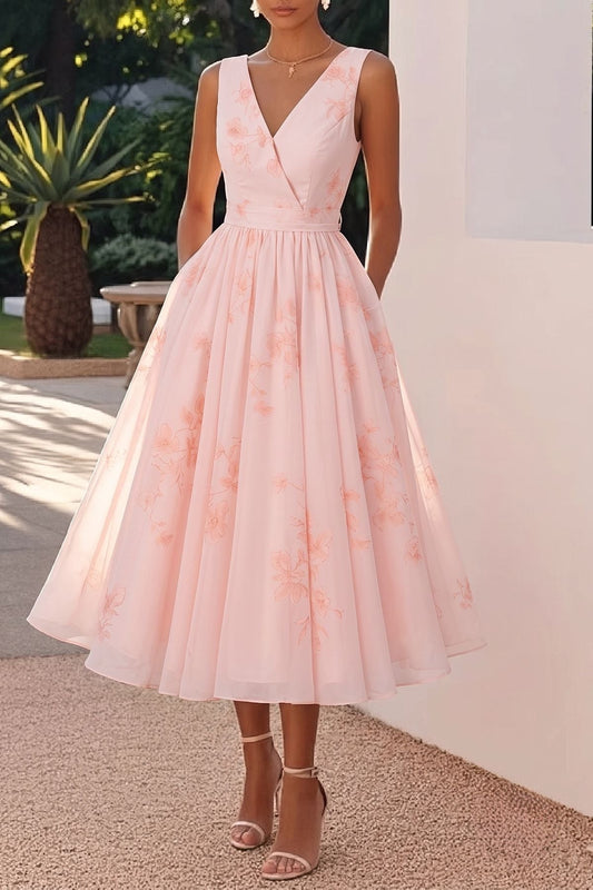 Women's Blush Floral A-Line Dress | Elegant Tea-Length Spring Formal Attire 0
