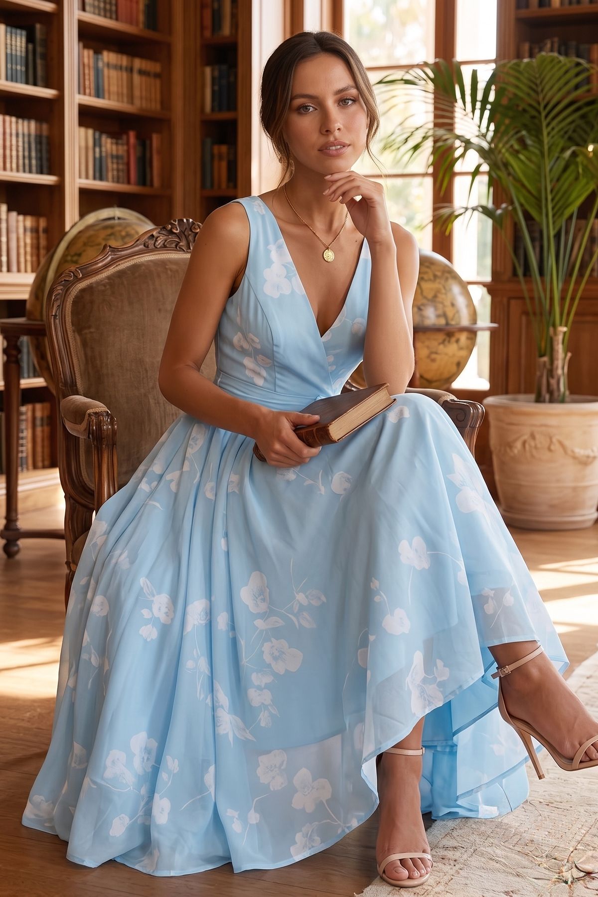 Women's Blush Floral A-Line Dress | Elegant Tea-Length Spring Formal Attire 3