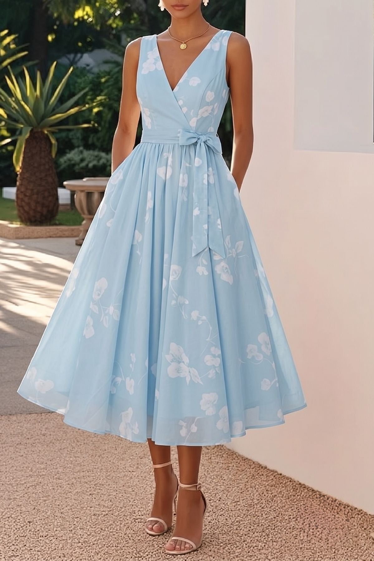 Women's Blush Floral A-Line Dress | Elegant Tea-Length Spring Formal Attire 4