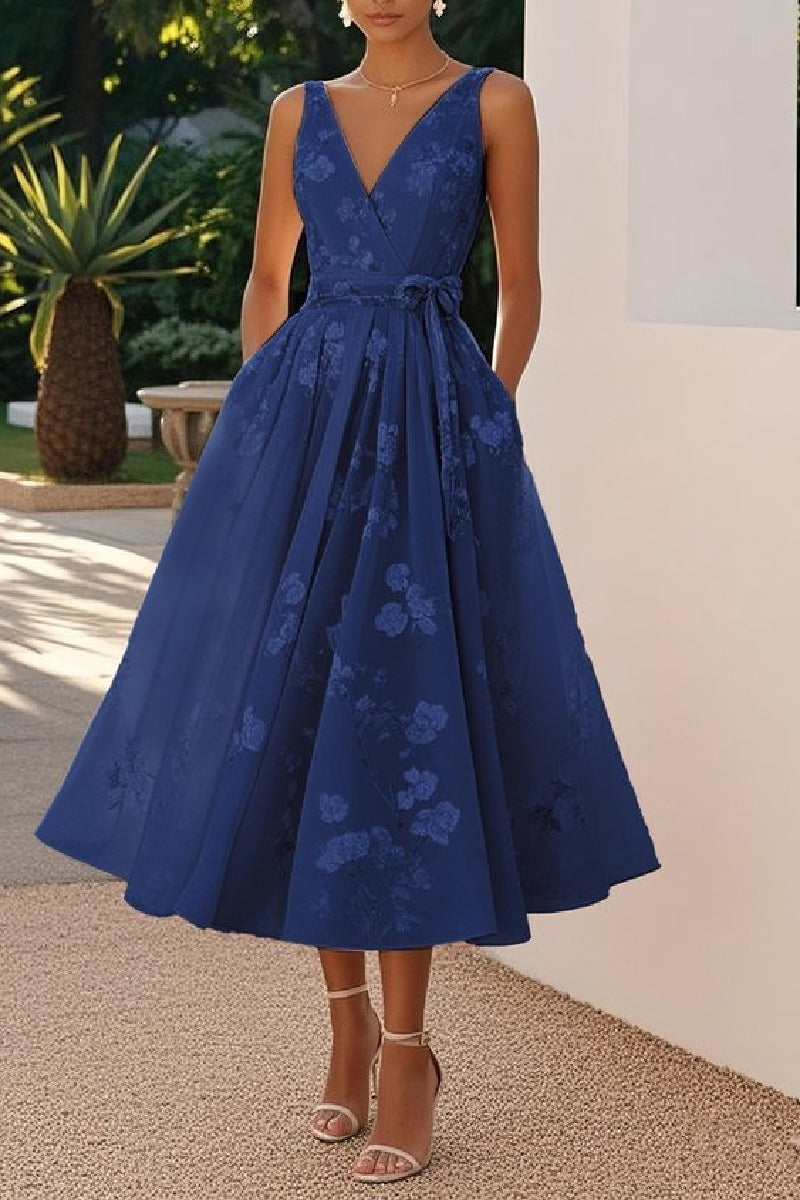 Women's Blush Floral A-Line Dress | Elegant Tea-Length Spring Formal Attire 5