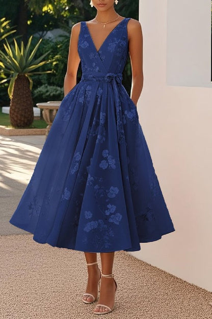 Women's Blush Floral A-Line Dress | Elegant Tea-Length Spring Formal Attire 5