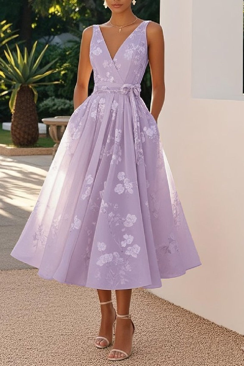 Women's Blush Floral A-Line Dress | Elegant Tea-Length Spring Formal Attire 6