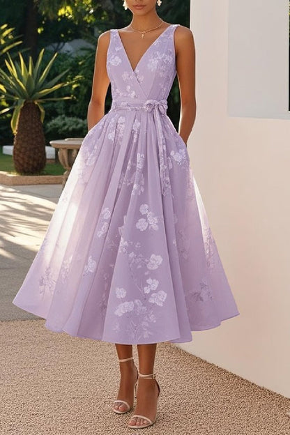 Women's Blush Floral A-Line Dress | Elegant Tea-Length Spring Formal Attire 6