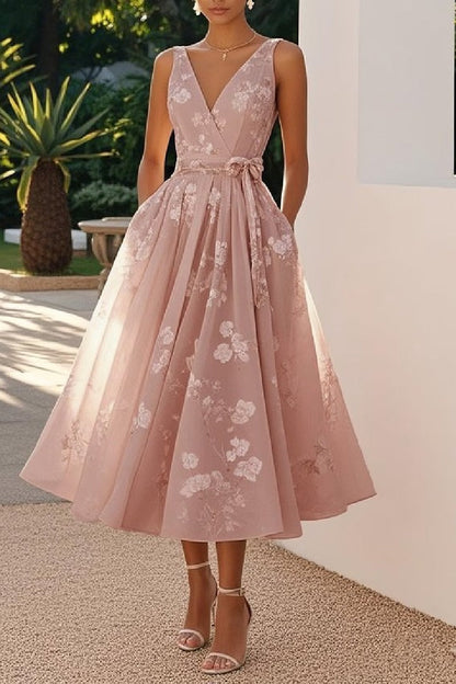Women's Blush Floral A-Line Dress | Elegant Tea-Length Spring Formal Attire 7