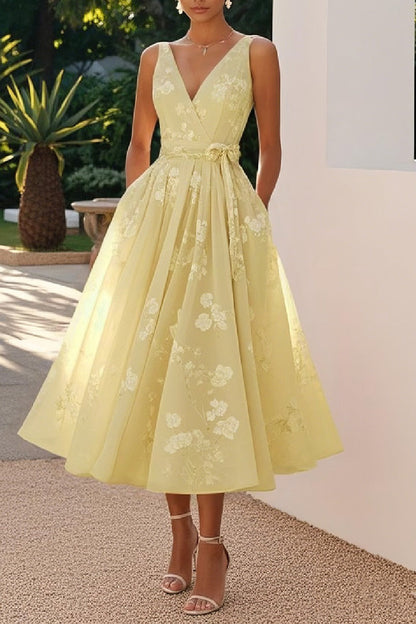 Women's Blush Floral A-Line Dress | Elegant Tea-Length Spring Formal Attire 8