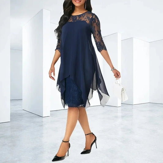Women's Elegant Lace Chiffon Cocktail Dress | Flattering Asymmetric Hem Evening Wear 0