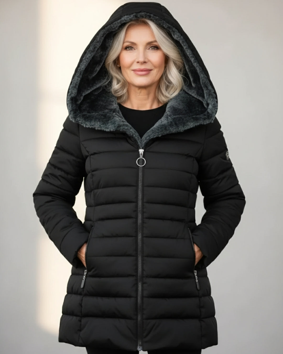 Women's Fleece Lined Long Puffer Coat | Cozy Black Winter Jacket 4